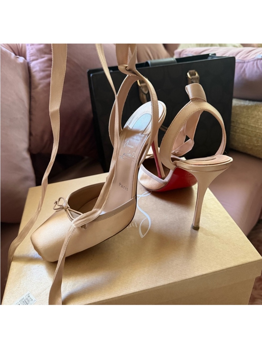 Christian Louboutin Beige Satin Ankle-Tie Stiletto Heels